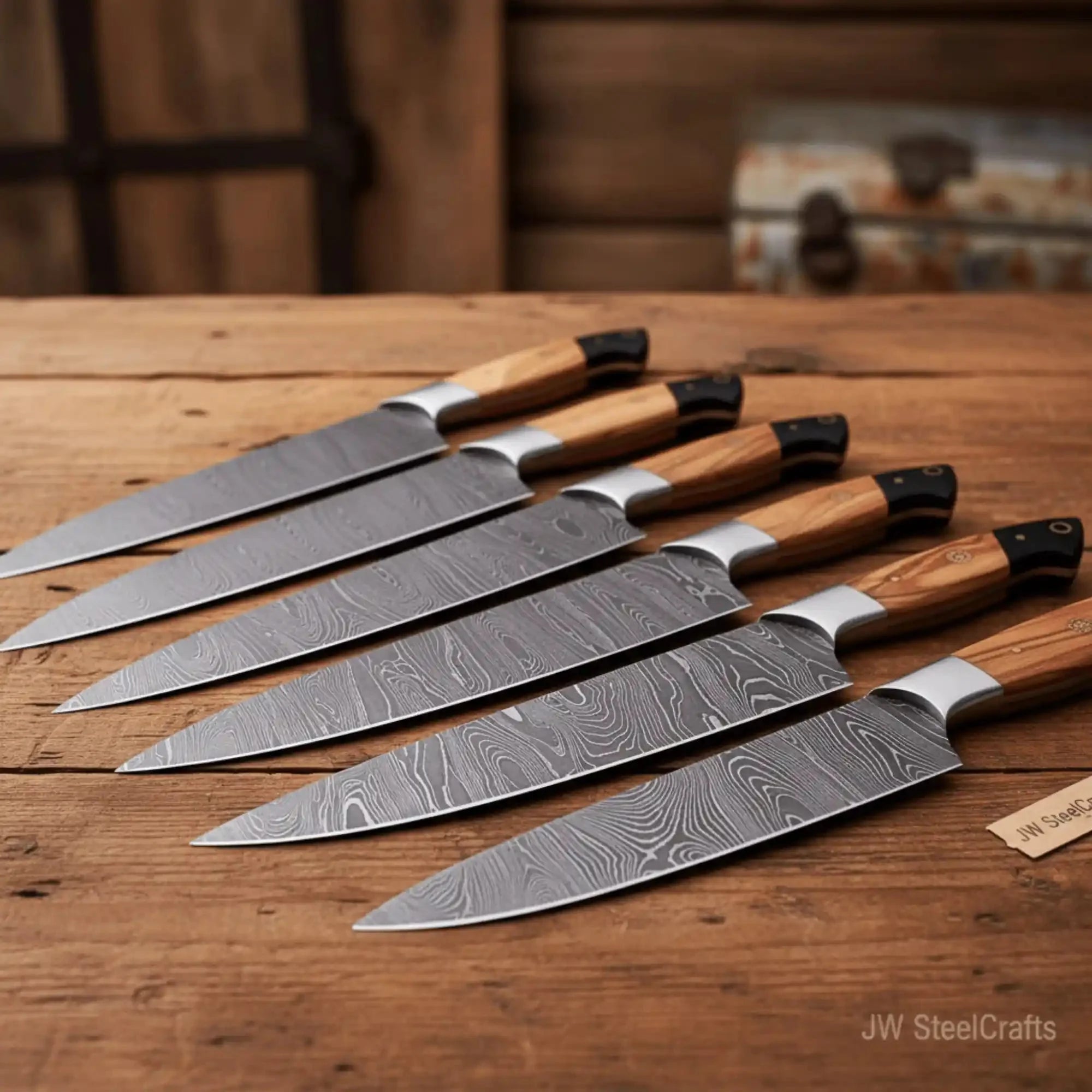 Handmade Damascus Kitchen Knife Set of 7, Gyuto Chef, Kiritsuke, Carving, Utility, Boning Knives, Olive Wood and Resin Handle, Full Tang