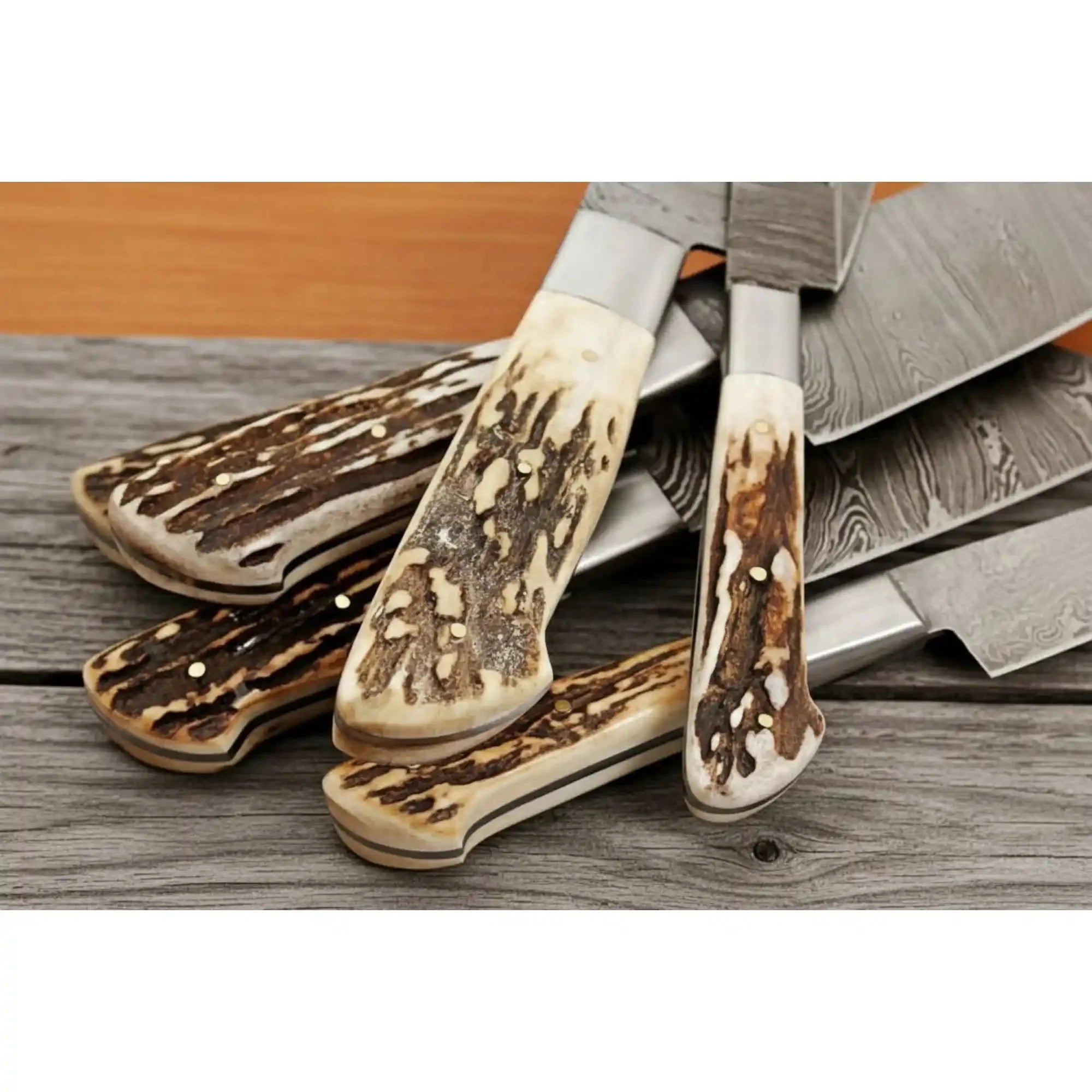 Handmade Damascus Kitchen Knife Set of 7 with Stag Antler Handles, Chef Santoku Utility Bread and Paring Knives, Full Tang Forged Steel Professional Cooking Knife Set