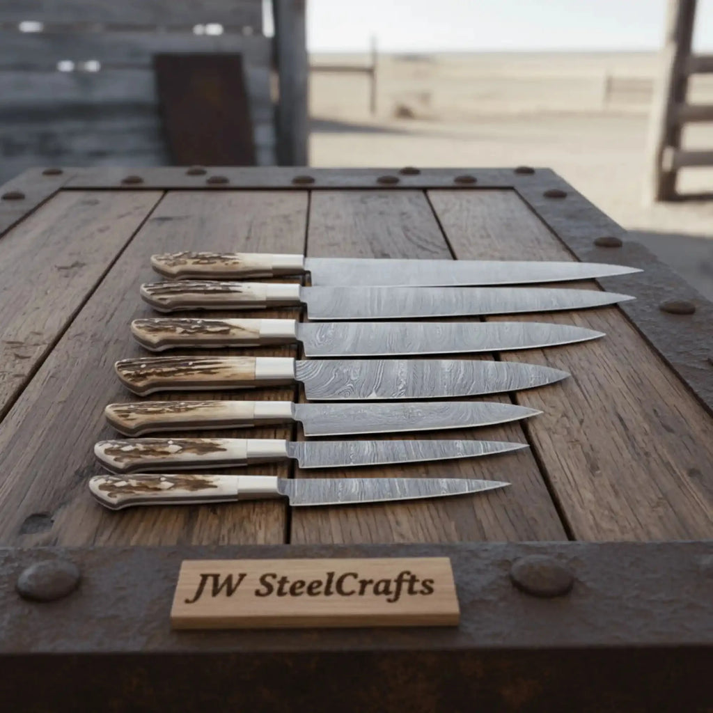 Handmade Damascus Kitchen Knife Set of 7 with Stag Antler Handles, Chef Santoku Utility Bread and Paring Knives, Full Tang Forged Steel Professional Cooking Knife Set