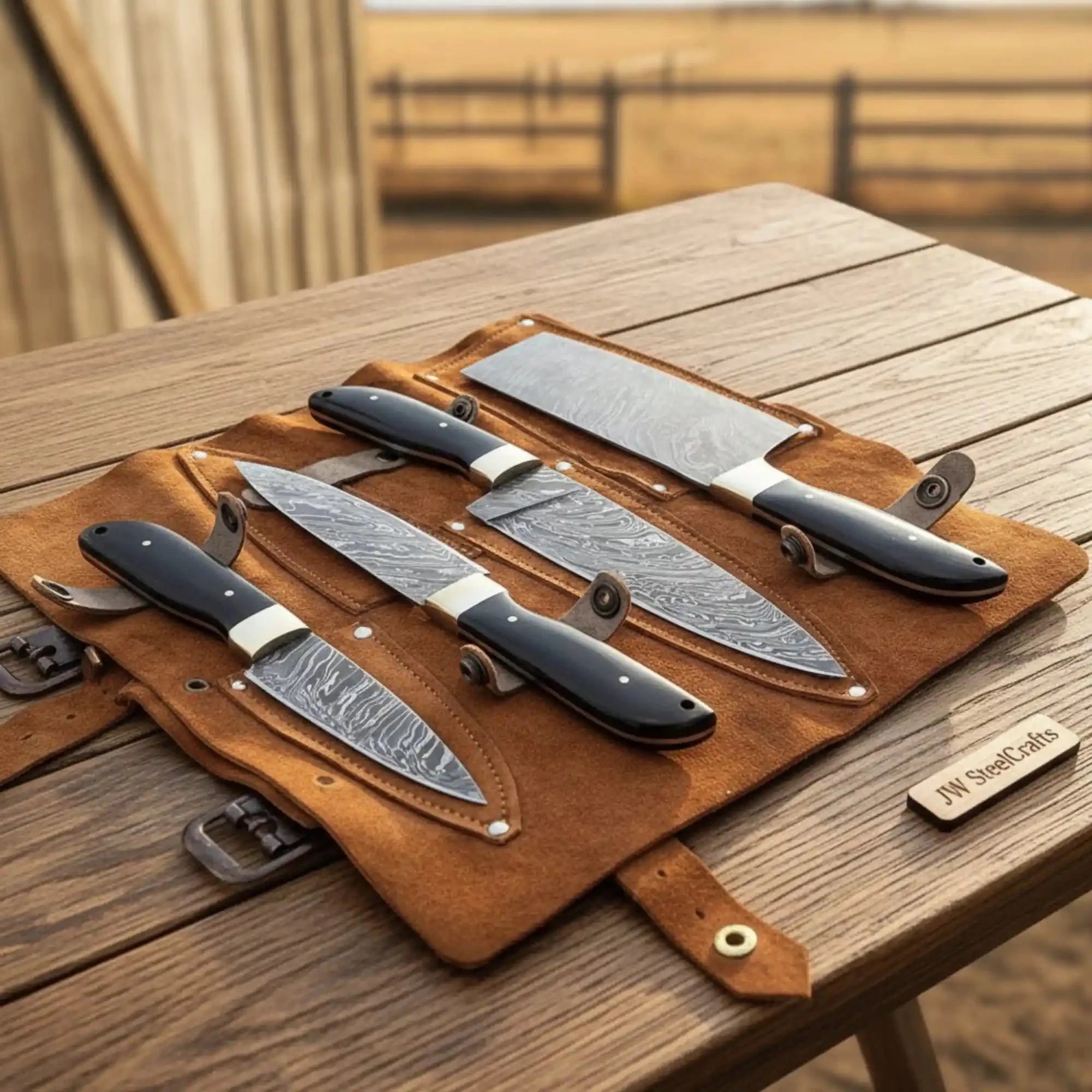 Handmade Damascus Kitchen Knife Set with Cleaver, Chef Knife, Utility and Paring Knife, Black Micarta Handles with Brass Bolsters, Leather Roll Included, JW SteelCrafts