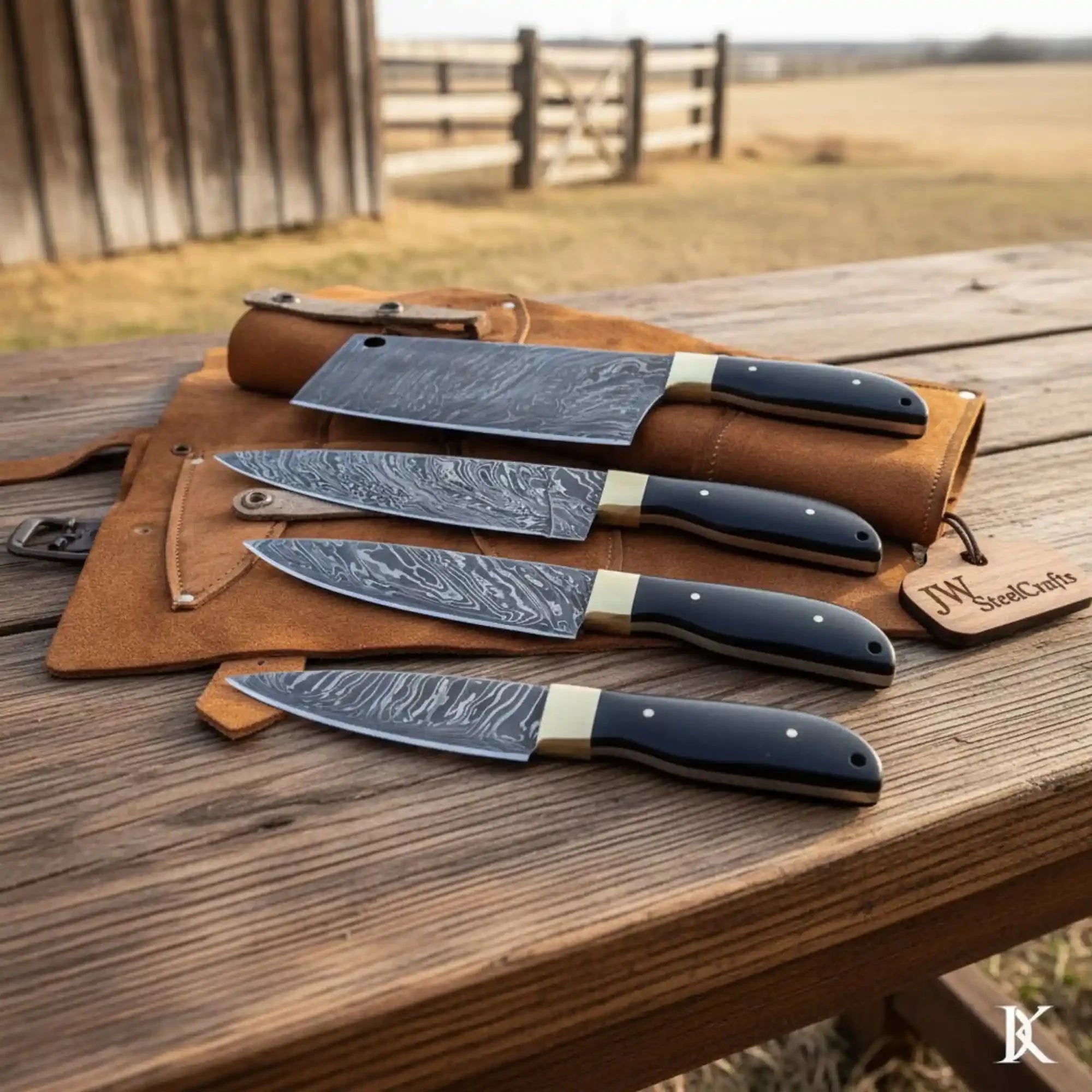 Handmade Damascus Kitchen Knife Set with Cleaver, Chef Knife, Utility and Paring Knife, Black Micarta Handles with Brass Bolsters, Leather Roll Included, JW SteelCrafts