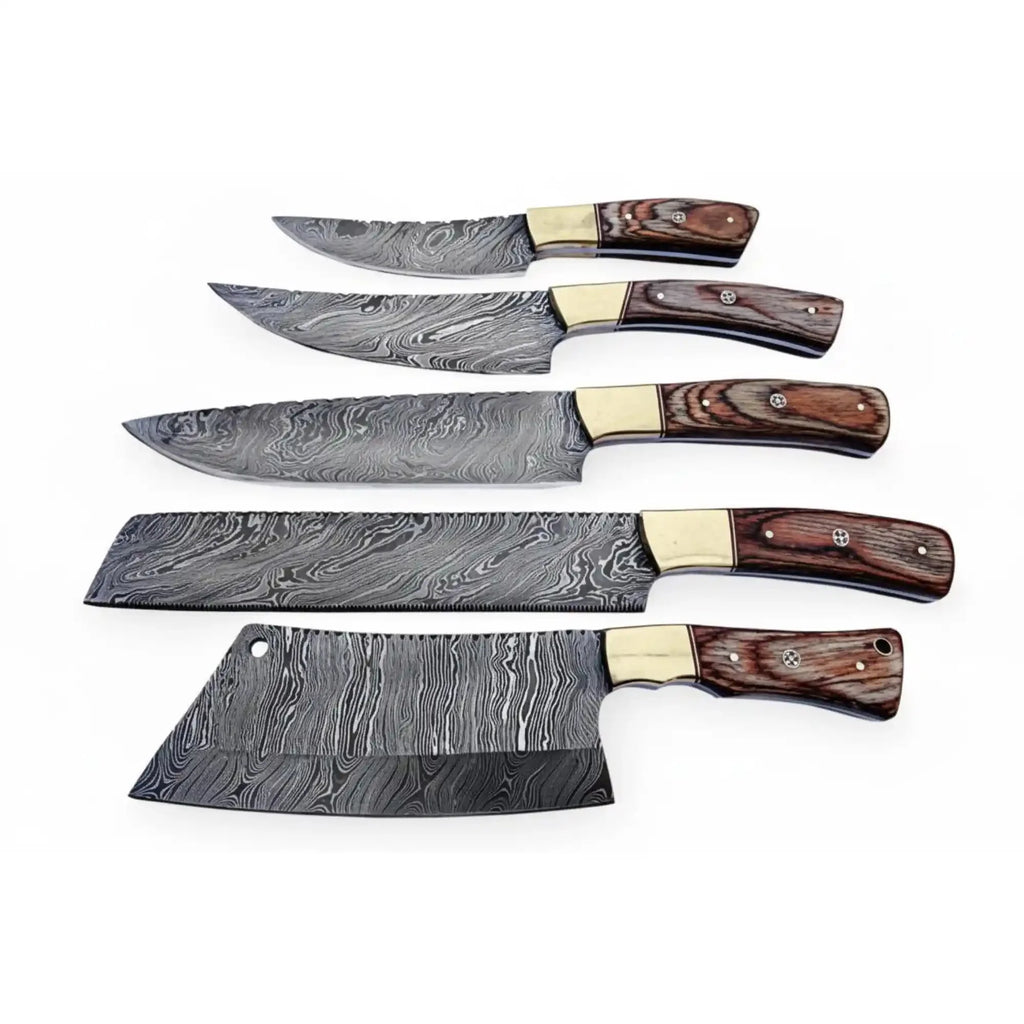 Handmade Damascus Kitchen Knife Set with Wooden Handles, Full Tang Chef Santoku Cleaver Utility and Paring Knives, Forged Damascus Steel Culinary Collection JW SteelCrafts
