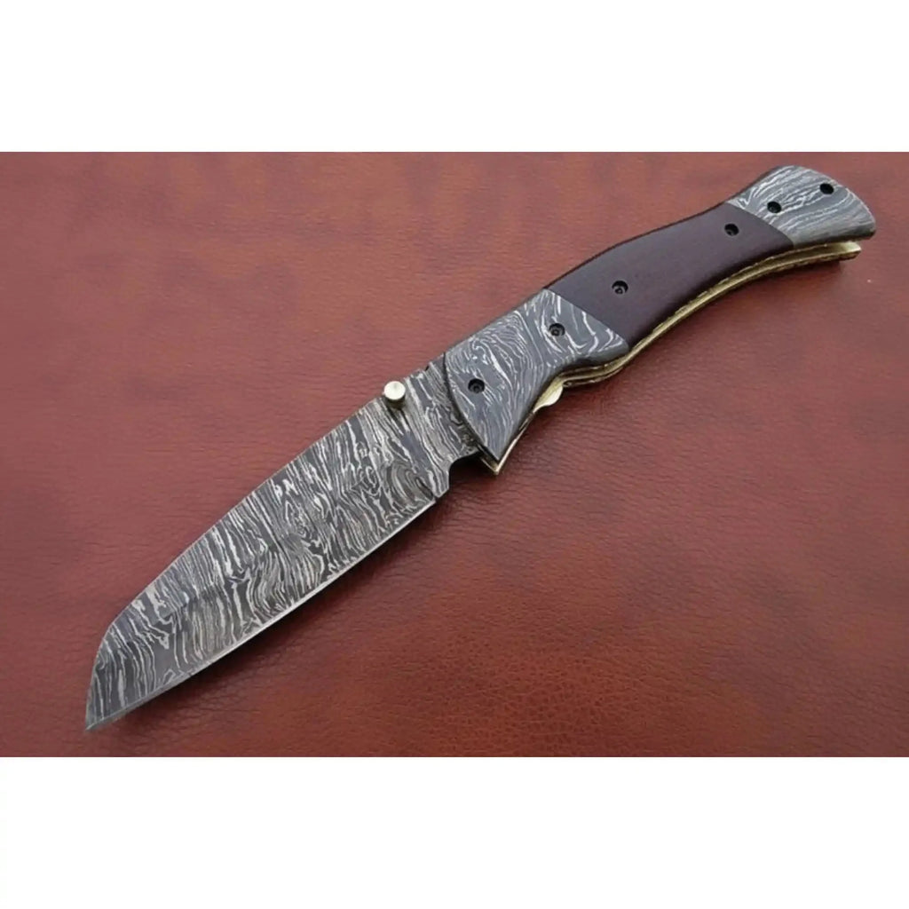 Handmade Damascus Steel Folding Knife – Matte Black Handle with Brass Liner & Thumb Stud | JW SteelCrafts