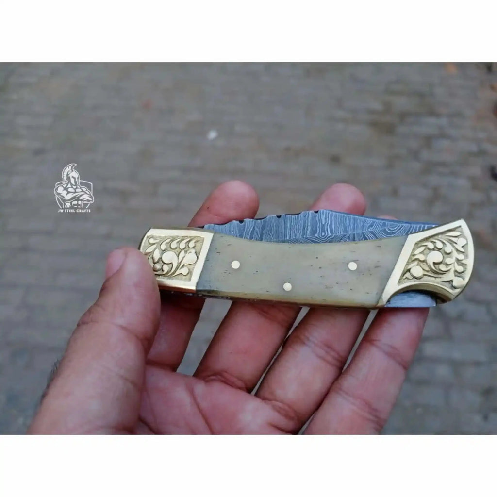 Handmade Damascus Steel Folding Pocket Knife with Bone Handle & Engraved Brass Bolsters