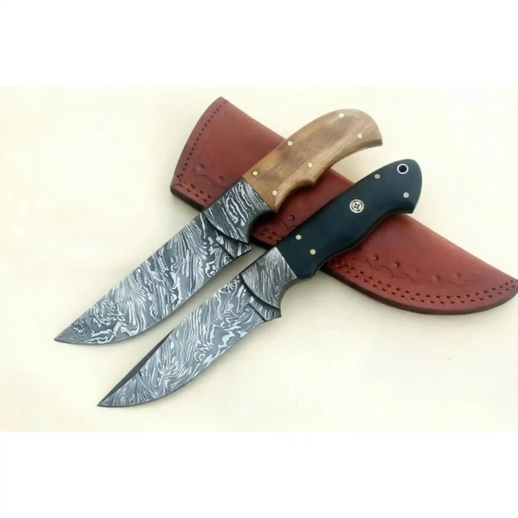 Handmade Damascus Steel Hunting Skinner Knife Lot of 2/ Fixed Blades knives with Leather Sheaths