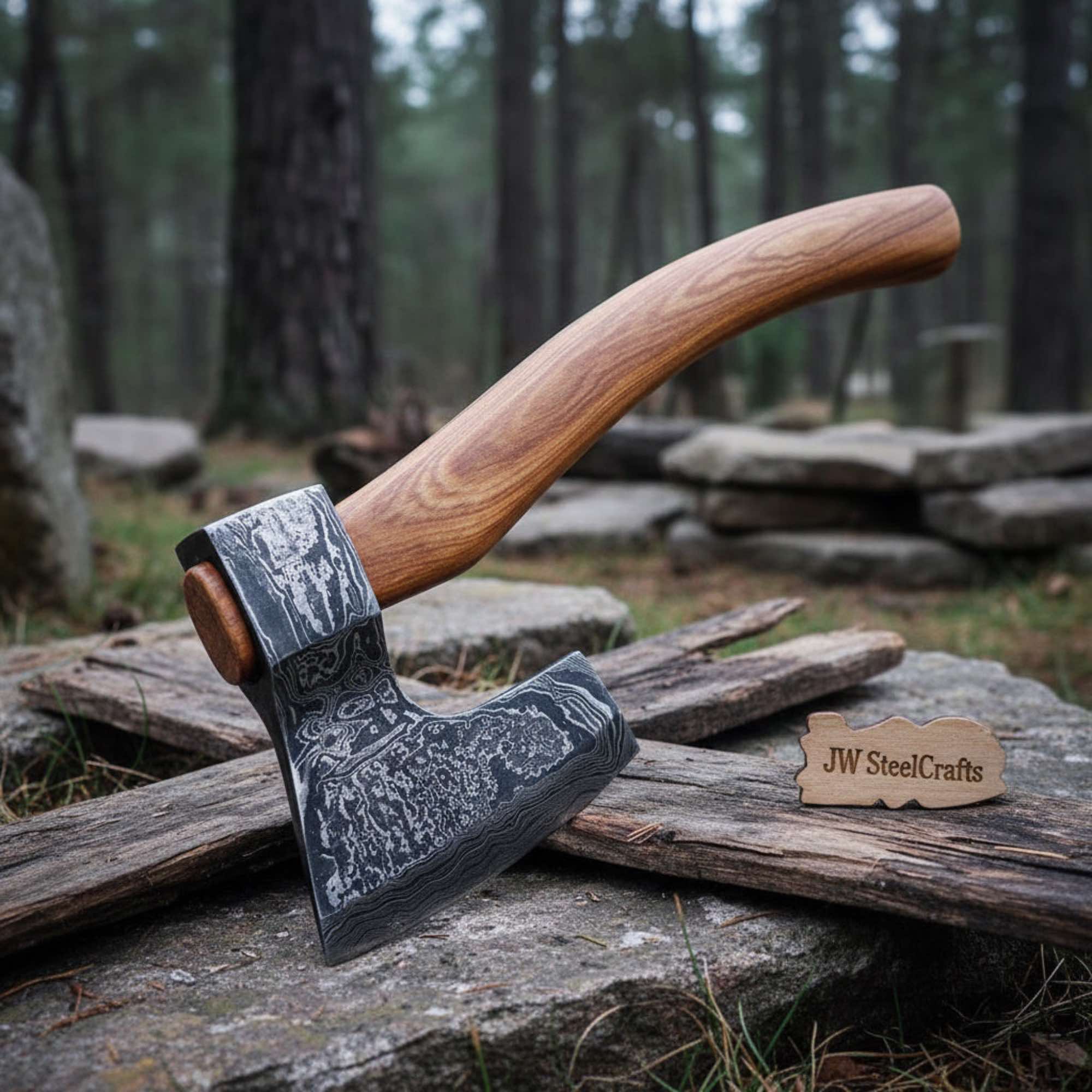 Historical Scandinavian Skeggøx — Curved Hardwood Handle with Hand-Forged Damascus Head
