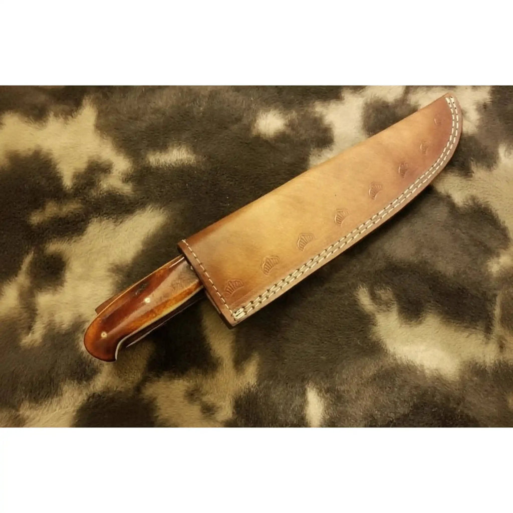 JW SteelCrafts 14-inch Damascus Chef Knife, Brown Bone Handle, Brass Bolster, Leather Sheath
