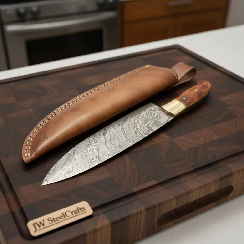 JW SteelCrafts 14-inch Damascus Chef Knife, Brown Bone Handle, Brass Bolster, Leather Sheath