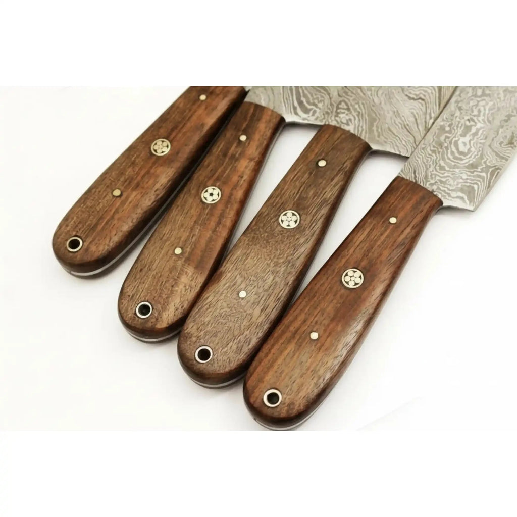 JW SteelCrafts 4 Piece Damascus Knife Set with Leather Roll, Chef Utility Paring Knife Set, Handmade Damascus Steel Rosewood Handle Kitchen Knife Collection