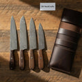 JW SteelCrafts 4 Piece Damascus Knife Set with Leather Roll, Chef Utility Paring Knife Set, Handmade Damascus Steel Rosewood Handle Kitchen Knife Collection