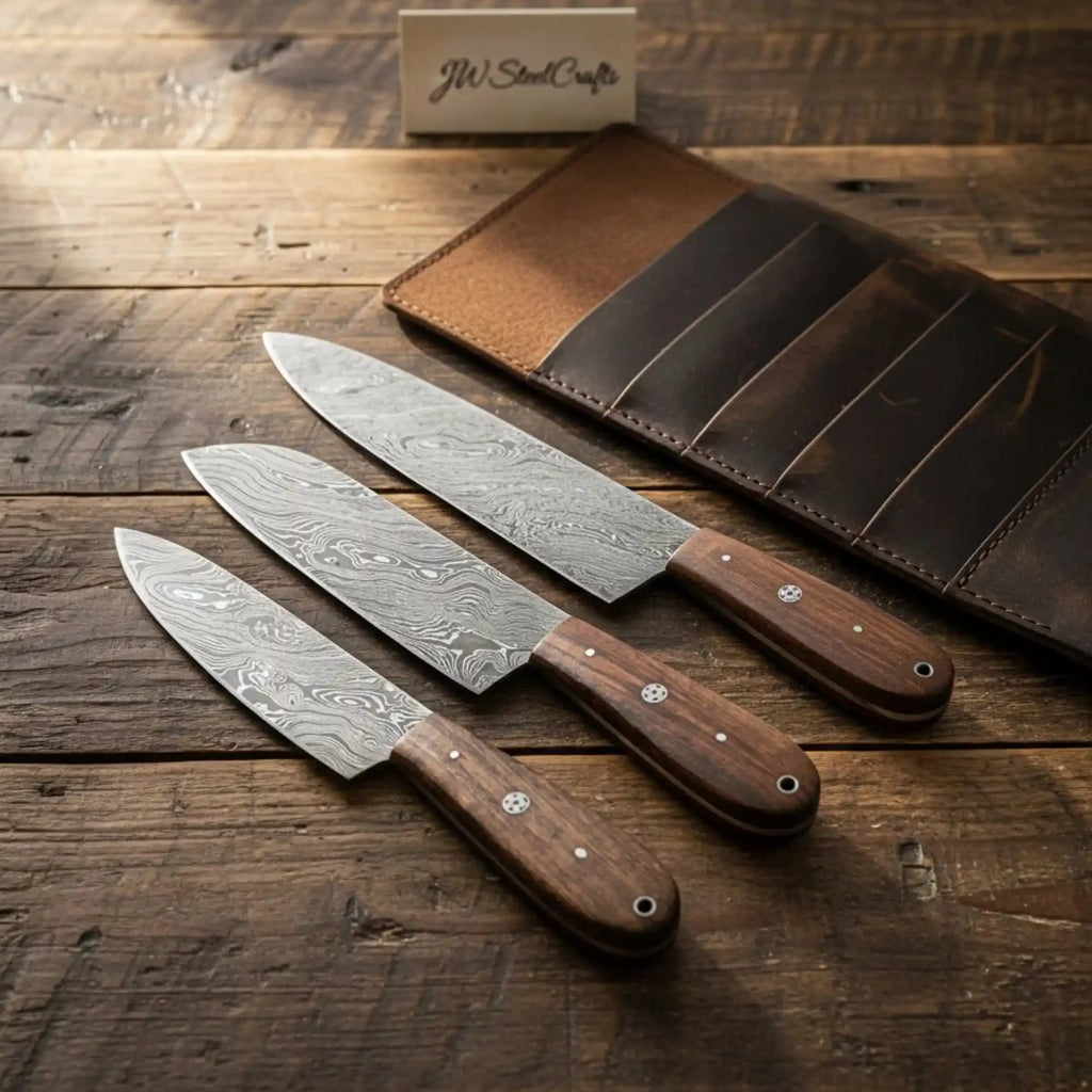 JW SteelCrafts 4 Piece Damascus Knife Set with Leather Roll, Chef Utility Paring Knife Set, Handmade Damascus Steel Rosewood Handle Kitchen Knife Collection