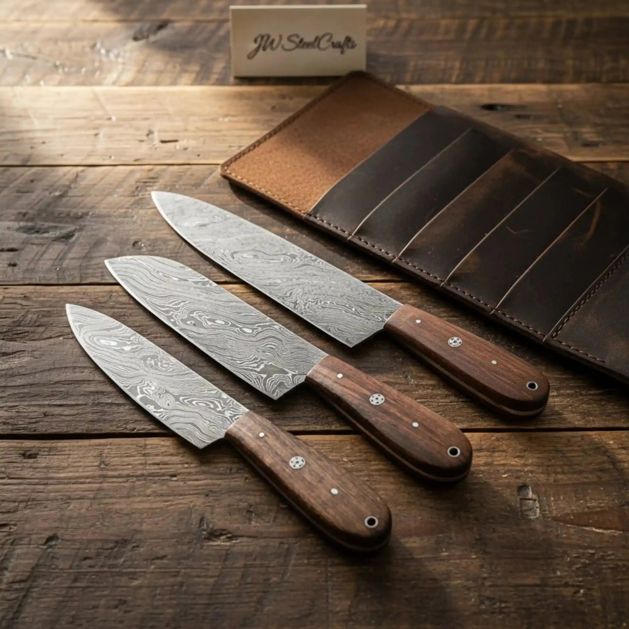 JW SteelCrafts 4 Piece Damascus Knife Set with Leather Roll, Chef Utility Paring Knife Set, Handmade Damascus Steel Rosewood Handle Kitchen Knife Collection