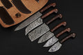 JW SteelCrafts 6-Piece Damascus Knife Set, Gyuto, Santoku, Nakiri, Boning, Utility and Paring Knives with Leather Roll