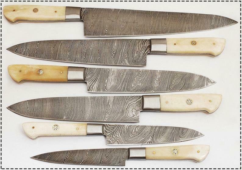 JW SteelCrafts 6-Piece Damascus Knife Set, Gyuto, Santoku, Nakiri, Boning, Utility and Paring Knives with Leather Roll