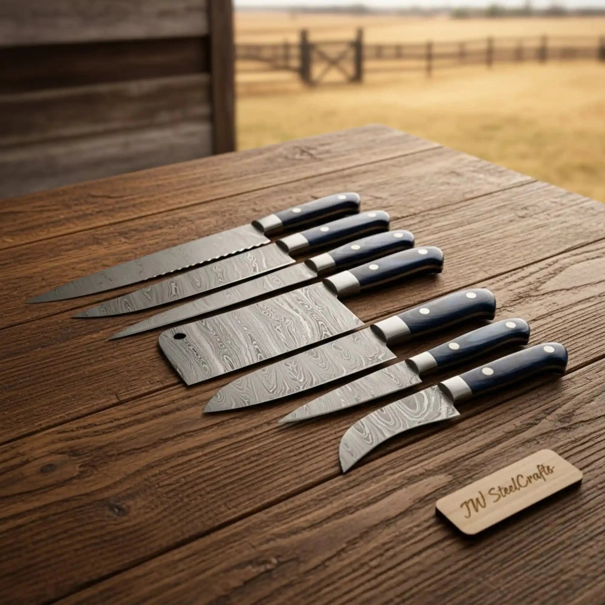 JW SteelCrafts 7-Piece Damascus Chef Knife Set – Serrated Bread + Carving Knife + Meat Cleaver + Chef Knife + Utility + Paring/Peeler – Rustic Outdoor Style