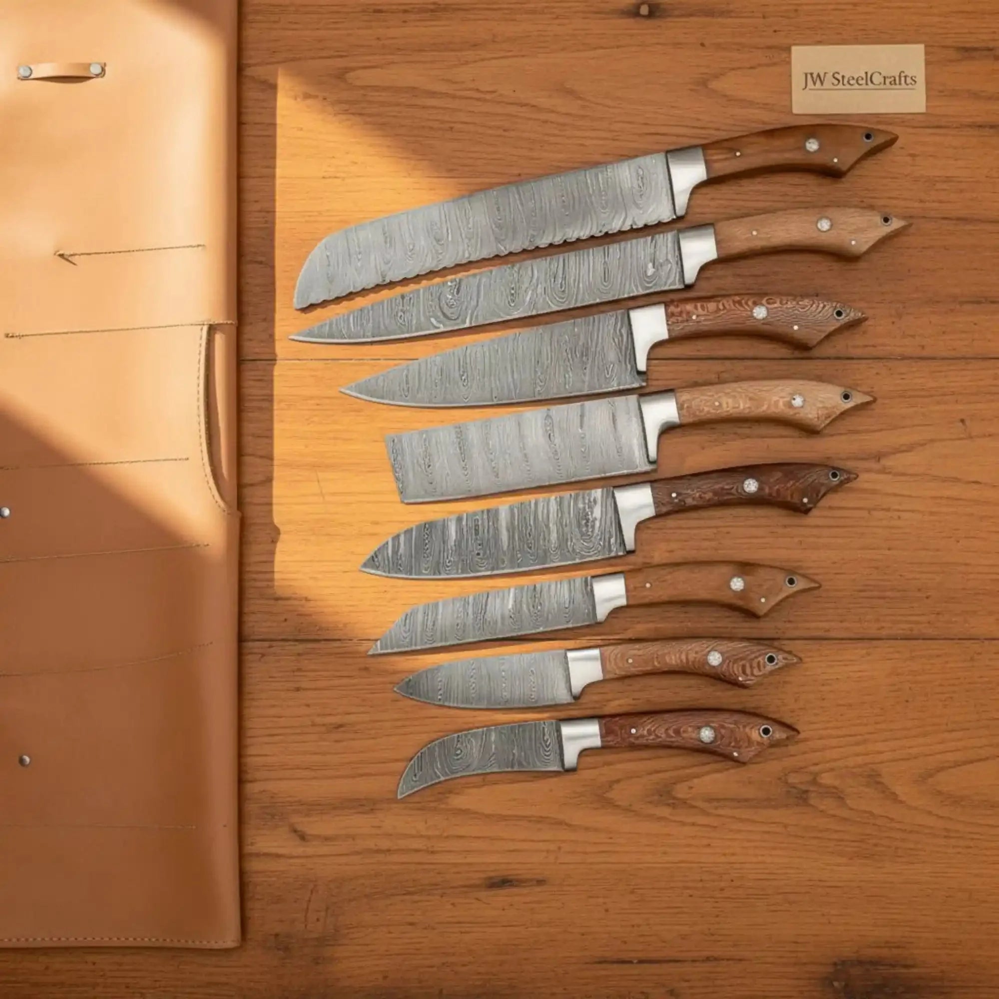 JW SteelCrafts 8 Piece Damascus Kitchen Knife Set with Rosewood Handles, Bread Chef Santoku Nakiri Carving Utility Boning and Paring Knives, Handmade Damascus Steel Collection