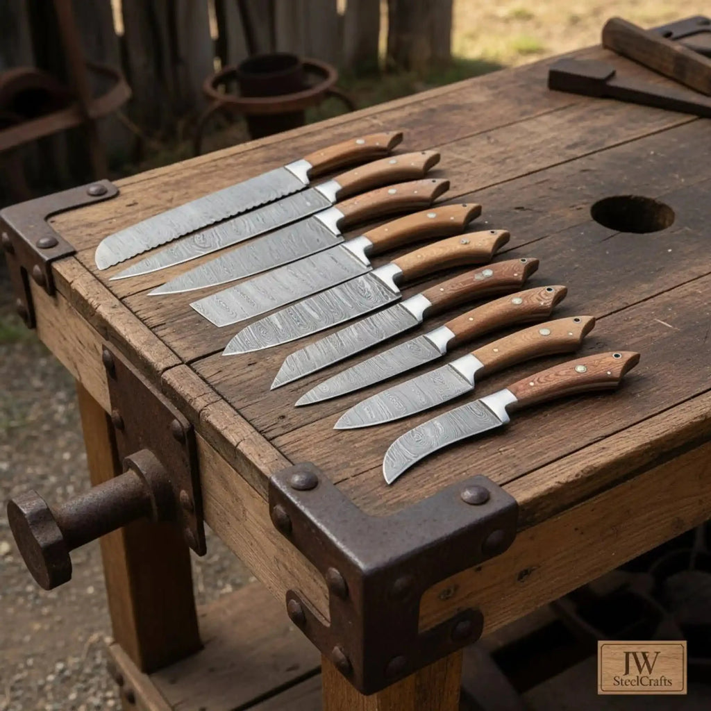 JW SteelCrafts 8-Piece Handmade Damascus Kitchen Knife Set, Cleaver, Bread Knife, Gyuto, Santoku, Nakiri, Utility and Paring Knives, Walnut Wood Handles