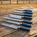 JW SteelCrafts Hand-Forged Damascus Kitchen Set — Gyuto, Santoku, Carving Slicer, Petty, Utility & Paring Knives with Blue Wood Handles