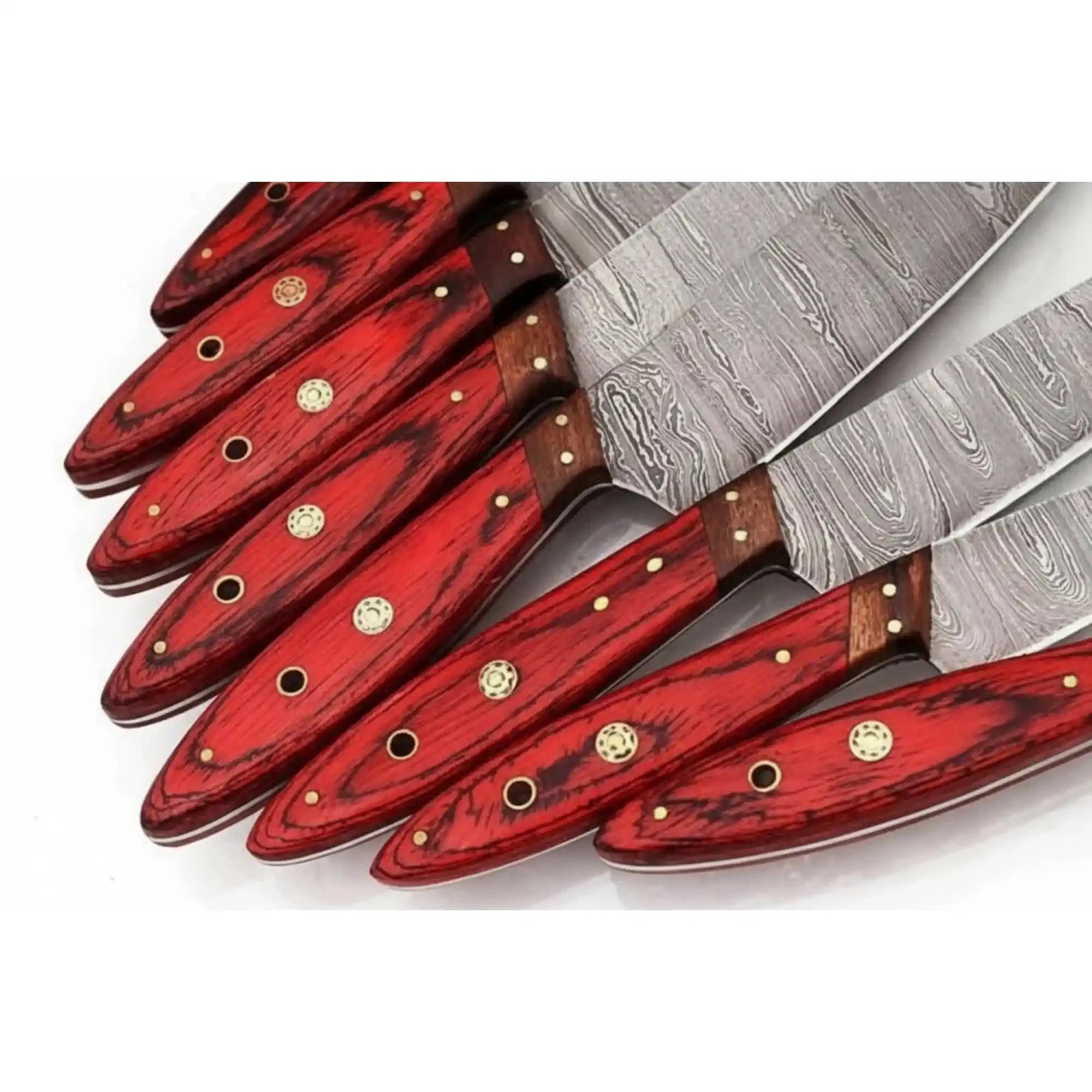 JW SteelCrafts Handmade Damascus Kitchen Knife Set of 8, Cleaver, Santoku, Gyuto Chef, Utility, Boning and Skinning Knives, Red Pakka Wood Handle, Full Tang
