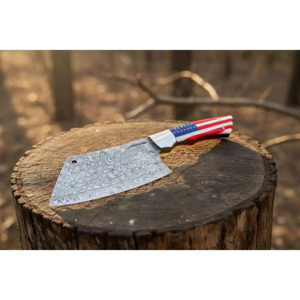 Ko-Bunka Damascus Steel Knife, Reverse Tanto Japanese Prep Knife, Handmade Damascus Blade with USA Flag Resin Handle, Compact Bunka Kitchen Knife JW SteelCrafts