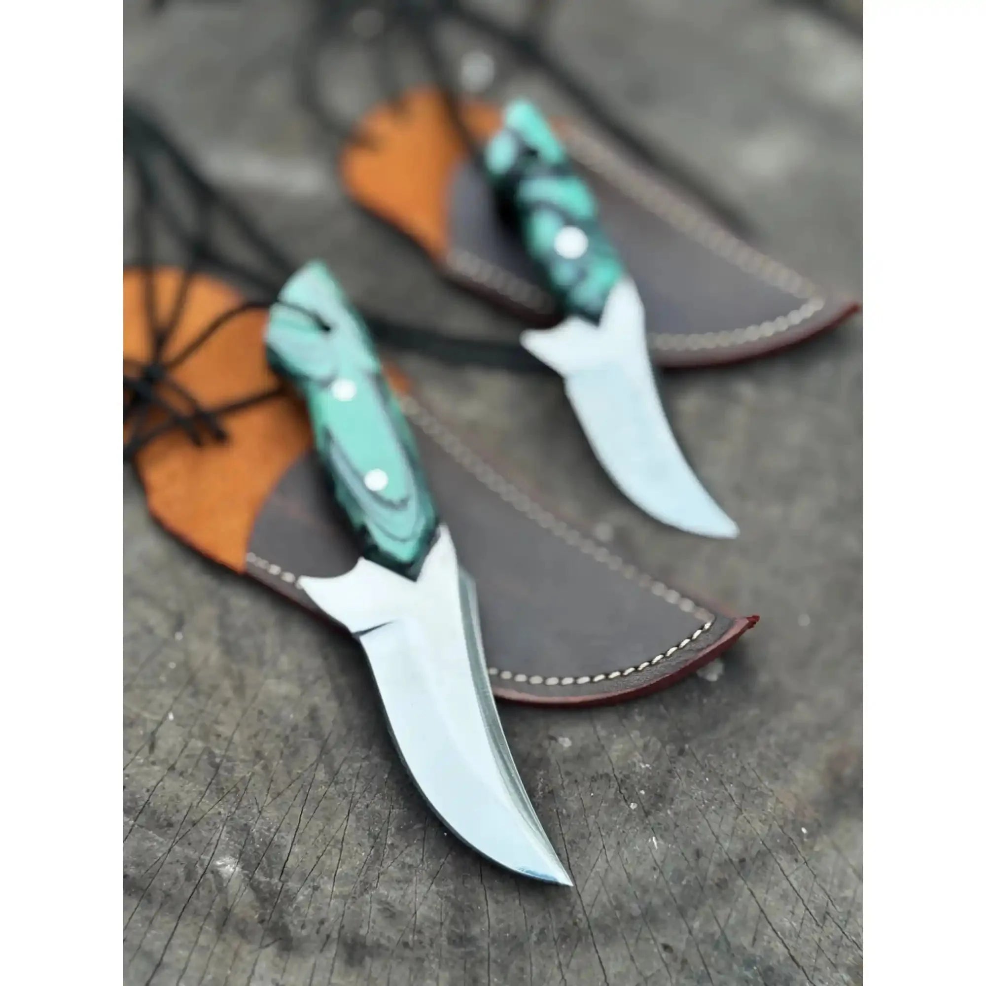 Neck Knife with Leather Sheath – Mini Damascus Pattern Blade | Green Resin Handle | JW SteelCrafts