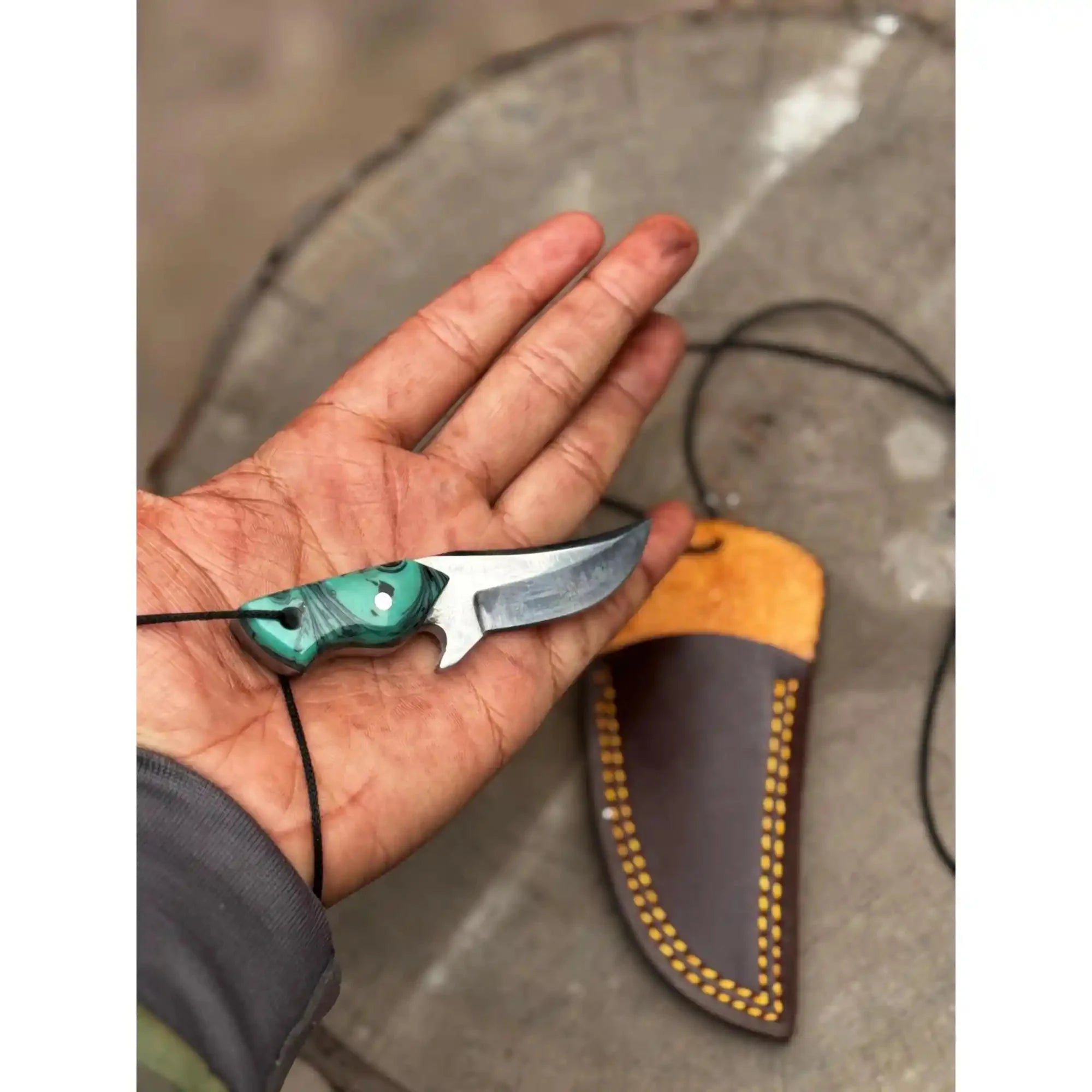 Neck Knife with Leather Sheath – Mini Damascus Pattern Blade | Green Resin Handle | JW SteelCrafts