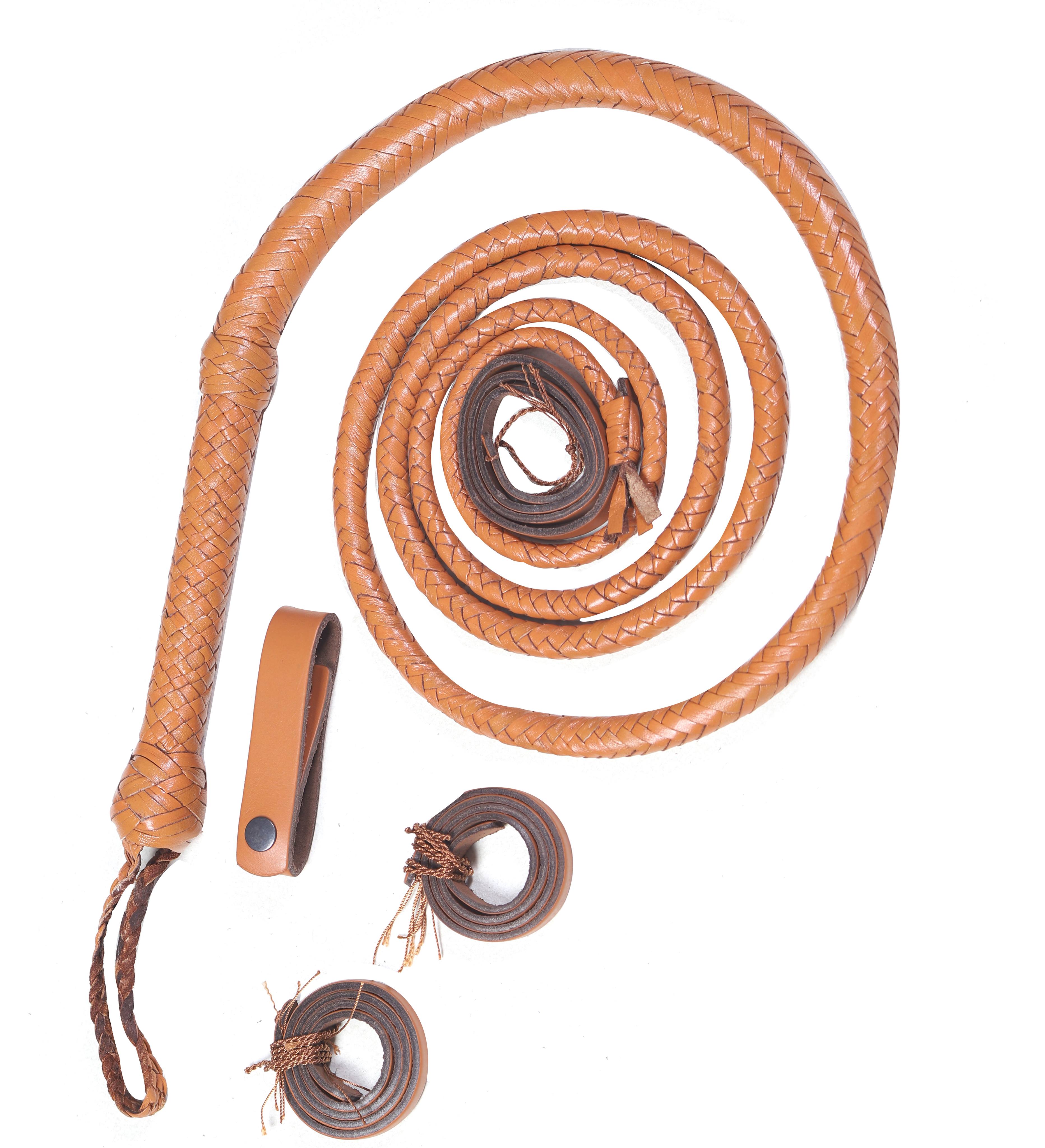 Handmade Tan Leather Bull Whip – 16-Plait Braided Whip for Whipcracking