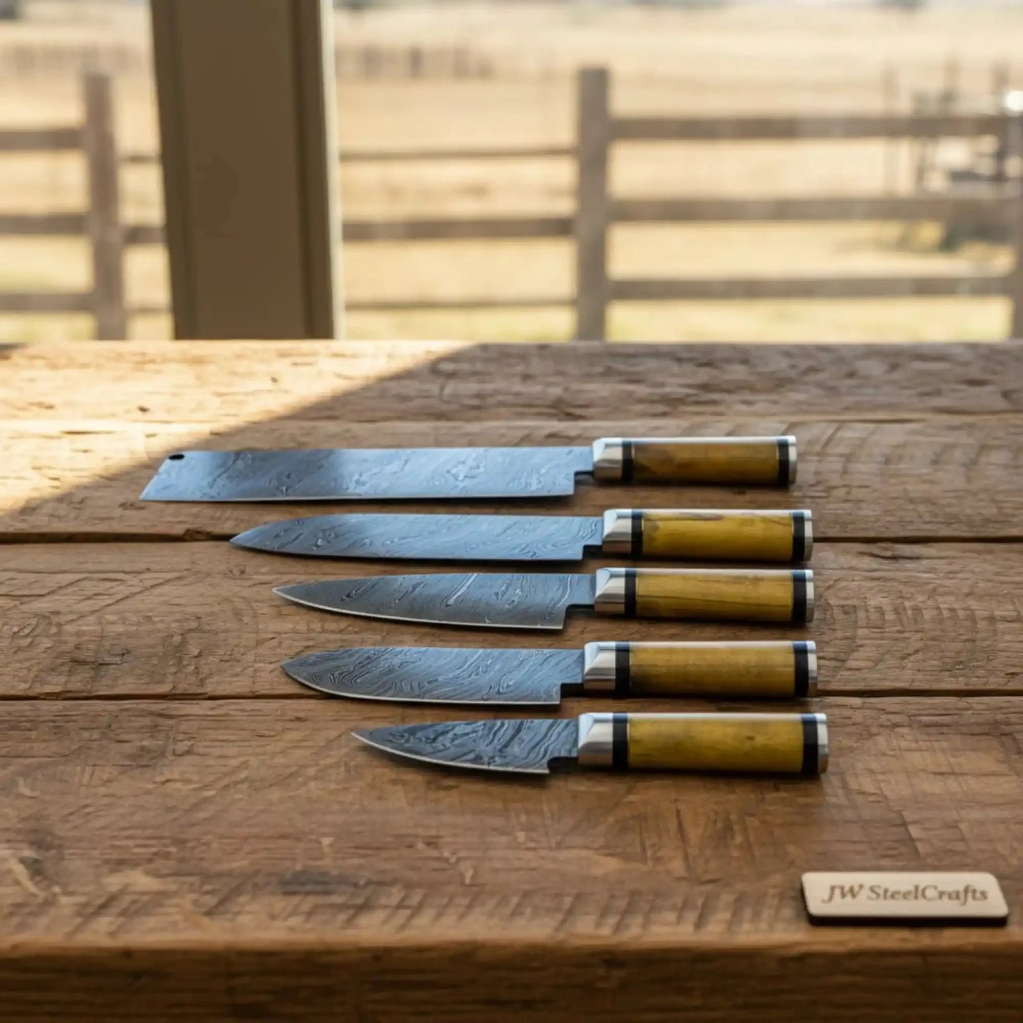 Pattern-Welded Damascus Japanese Kitchen Set — Nakiri, Bunka & Petty Knives (5 pcs)