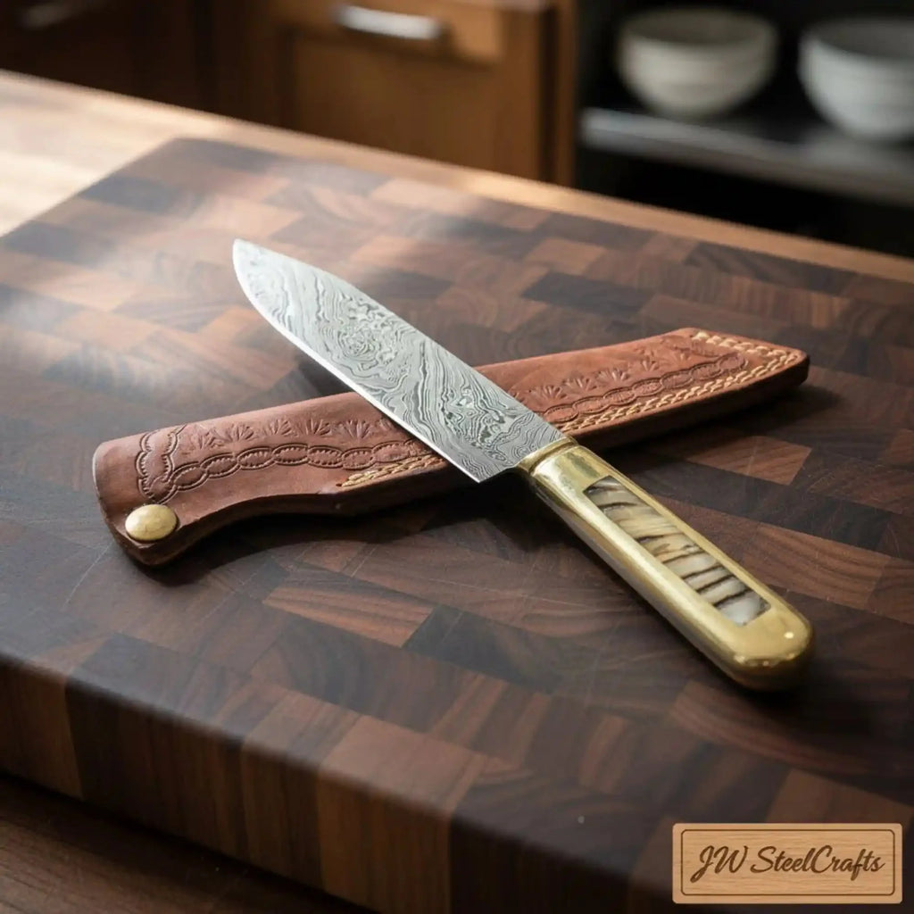 Premium Damascus Clip-Point Bushcraft Hunter — Twisted Pattern, Ram’s Horn & Brass Handle with Leather Sheath