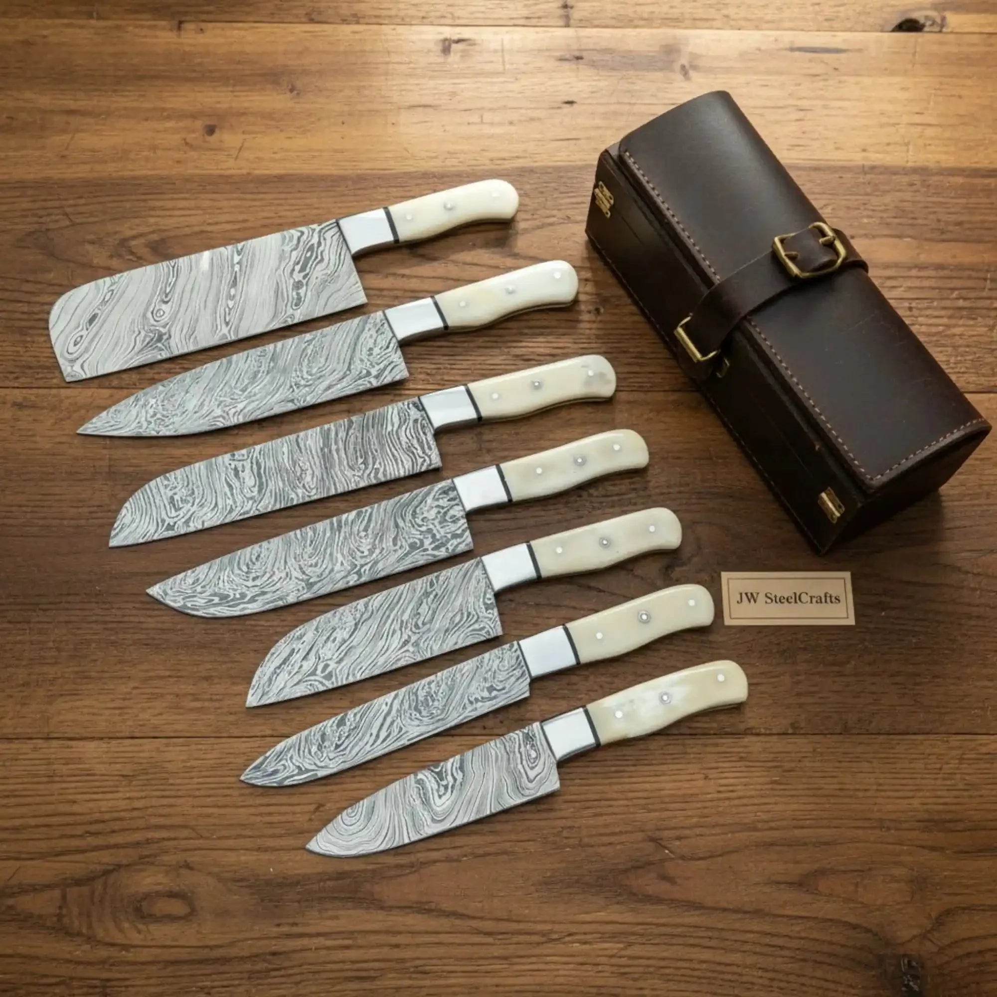 Professional Japanese-Style Gyuto + Sujihiki + Cleaver Damascus Chef Knife Roll Set — Artisan Field Kitchen Series