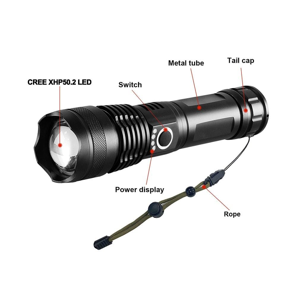 Rechargeable LED Flashlights High Lumens Waterproof Zoomable Super Bright Tactical Flashlight Powerful  USB LED CREE Flashlight  Hand Lamp For Hiking Camping Household Outdoor Sport