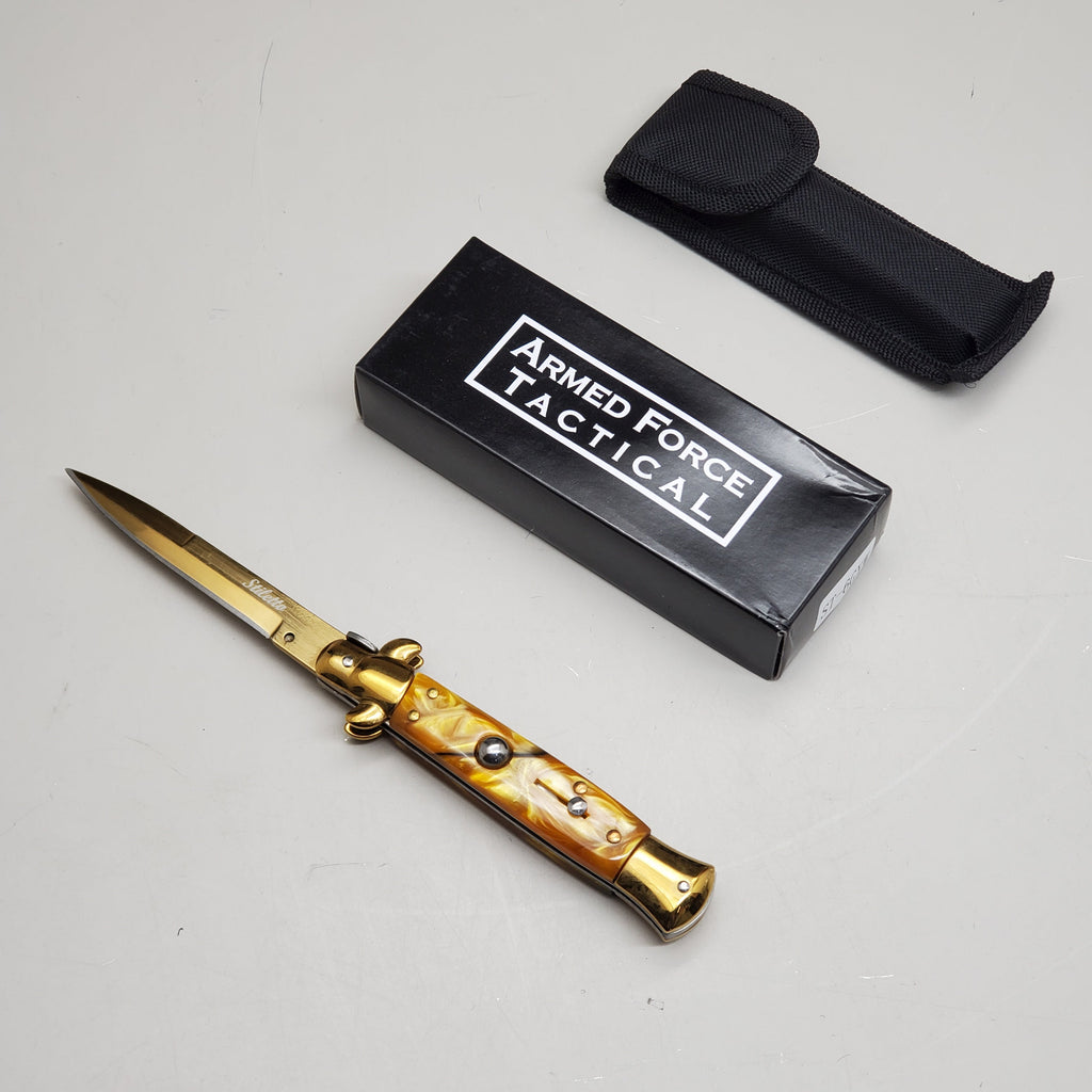 ZA@ ARMED FORCE TACTICAL Hand Crafted OTF Pocket Knife 9"Knife4"Blade Yellow/Gold ST-6GYW
