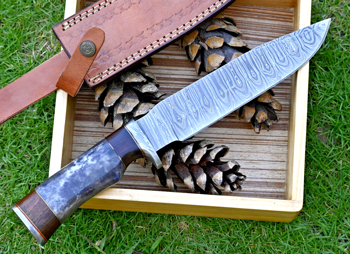 Wilderness Explorer: Hunting Bowie Knife with Damascus Steel Blade, Colored Bone and Rosewood Handle, Damascus Guard, and Leather Sheath