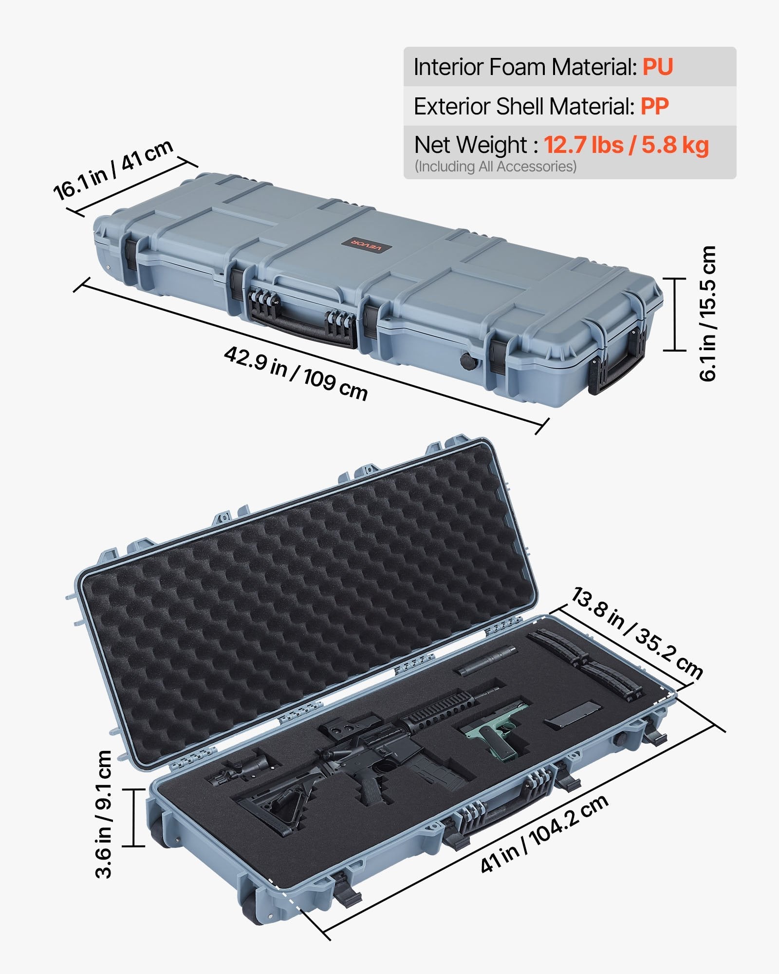 42" Hard Rifle Case, Lockable Rifle Case with Pre-cut Foams, Movable Gun Storage with Wheels, IP67 Waterproof & Dustproof Pistol Storage for Rifle, Shotgun, Airsoft Gun