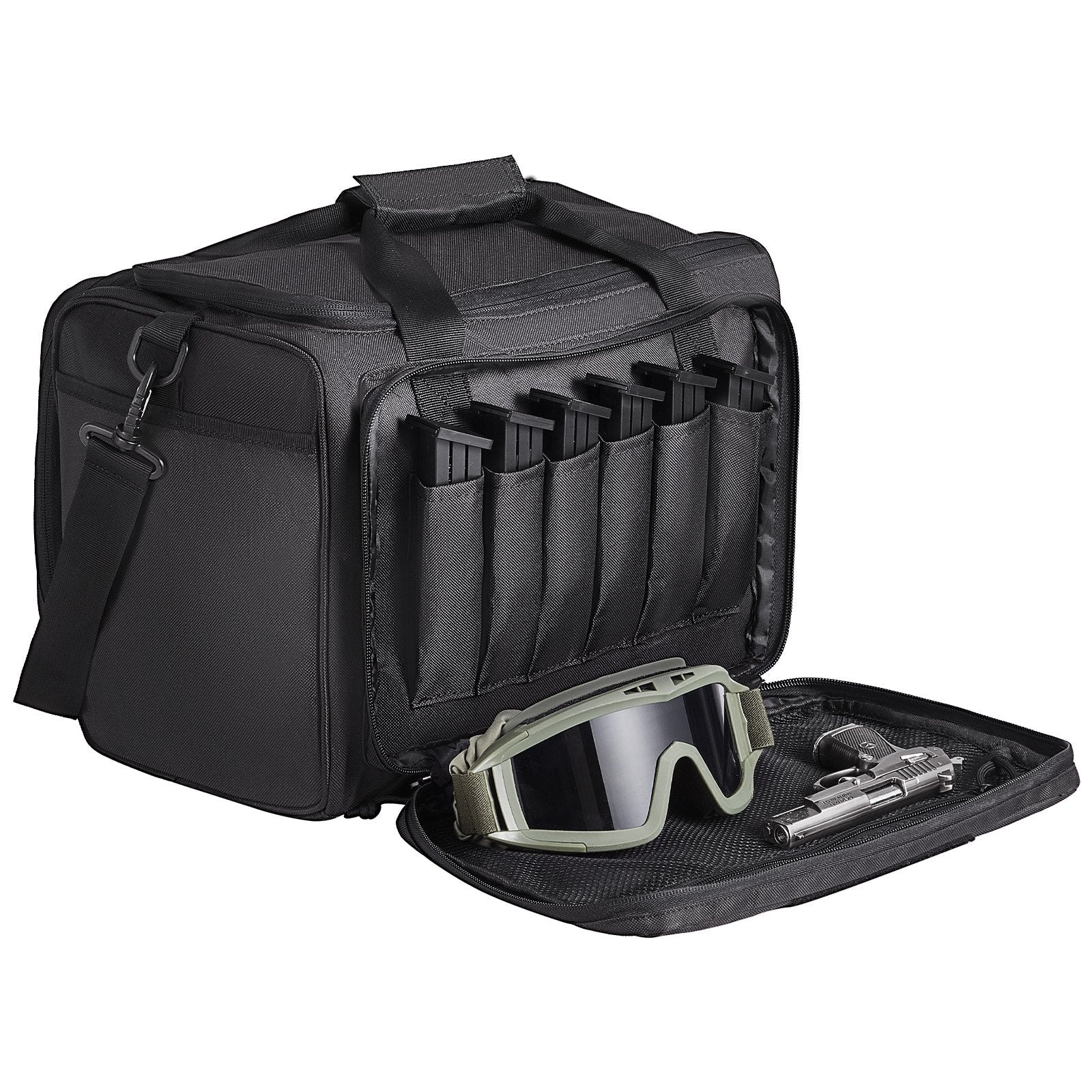 Range Bag for 3 Pistols, Tactical Gun Range Bag with 2 Detachable Baffles & 6 Magazines, Firearm Shooting Handgun Bag for Outdoor Hunting Pistol Bag with Single Shoulder Strip