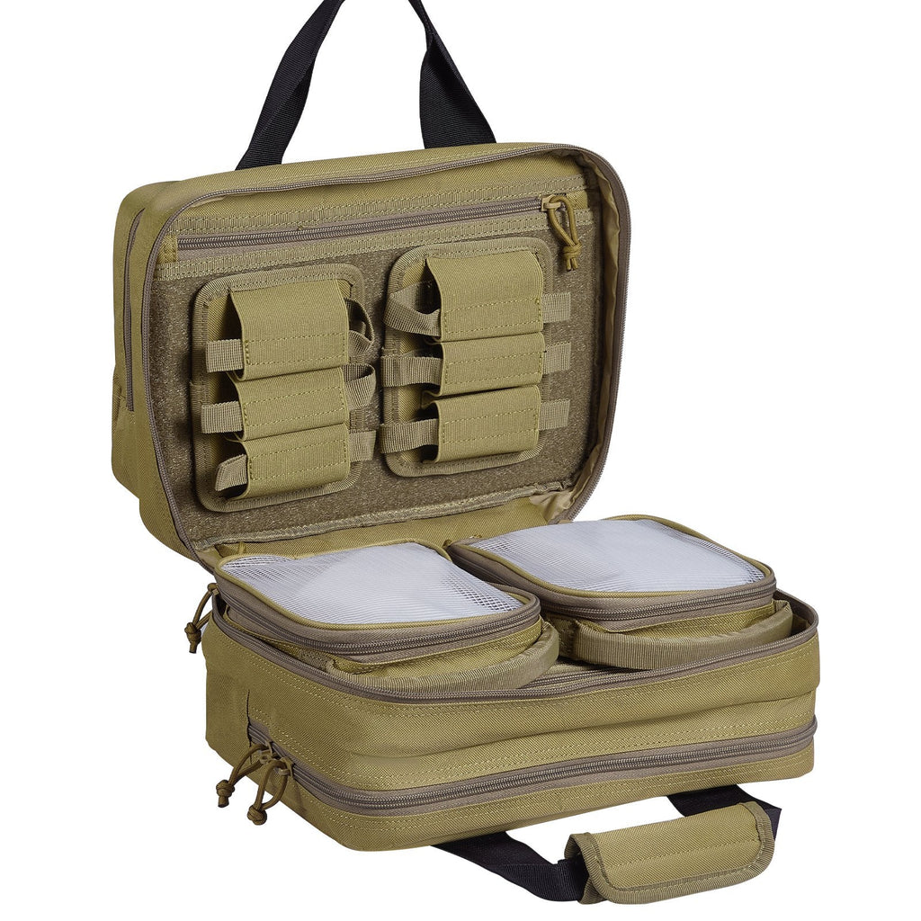 Range Bag for 2 Pistols, Tactical Gun Bag with 2 Built-in Removable Pistol Bags & 6 Detachable Magazines, Gun Range Bag for Outdoor Hunting Shooting, Lockable Carrying Handgun Bag Case